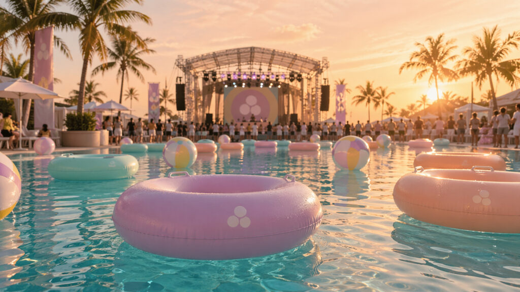 Pool with floats and rings at pool party at sunset
